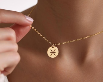 Personalized Dainty Zodiac Disc Necklace, Horoscope Necklace, Gold Zodiac Coin Necklace, Personalized Gift, Gift for her, Christmas Gift