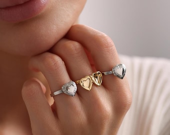 Gold Plated Heart Locket Ring, Tiny Heart Locket Ring, Adjustable Locket Ring, Photo Locket Ring, Ring for Women, Gift for her, Mom Gift