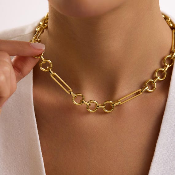 Gold Plated Chunky Chain Necklace, Round Link Chain, Handmade Unique Linked Necklace, Women Necklace, Gift for her, Christmas Gift