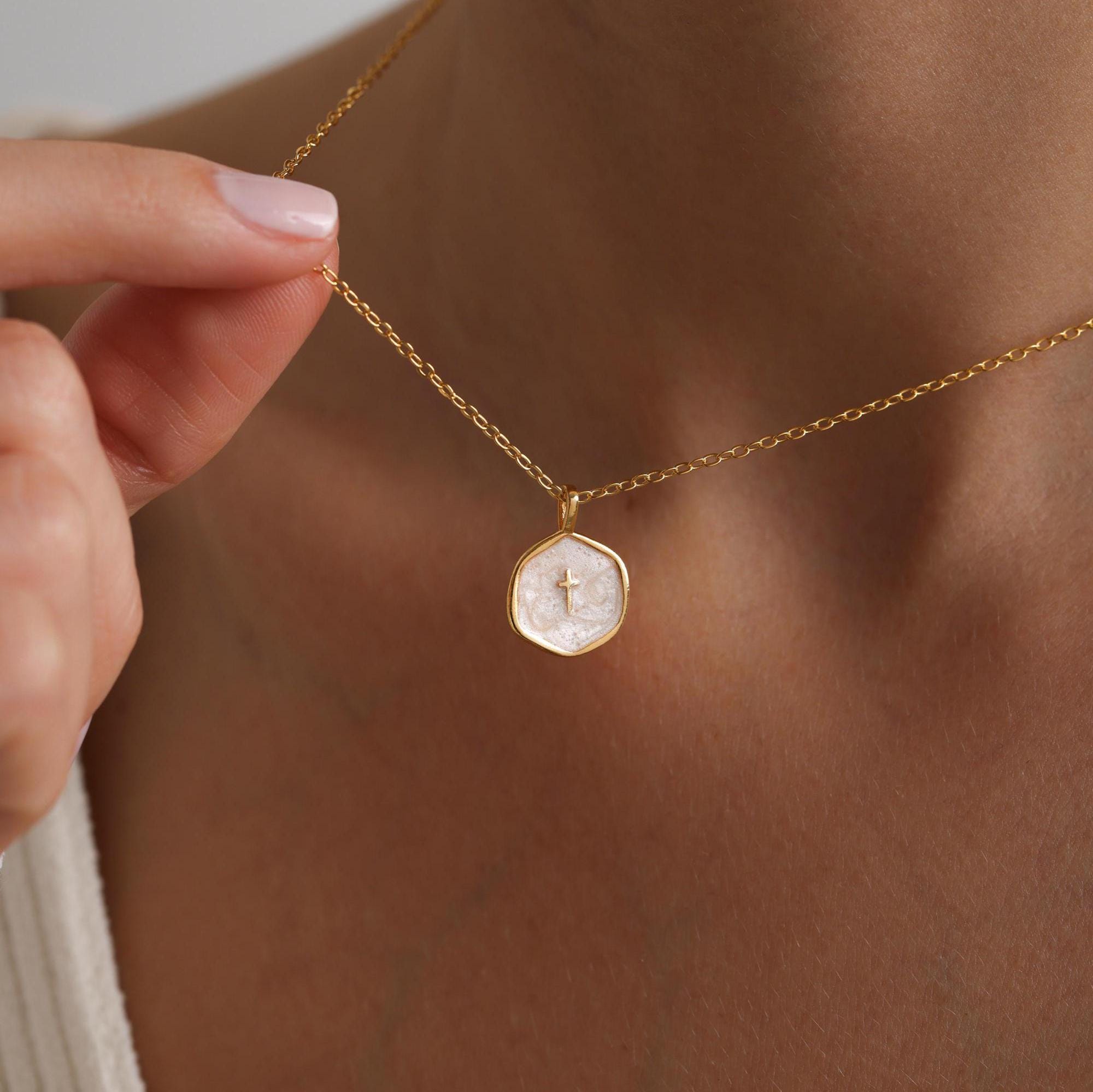 Gold Enamel Mini Cross Necklace, Tiny Cross Necklace, Religious Necklace, Enamel Necklace, Christian Gift for her, Christmas Gift