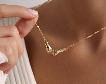 Gold Plated Hands Necklace, Holding Hand Necklace, Double Hand Necklace, Lover Necklace, Valentine's Day Gift, Gift for her, Christmas Gift