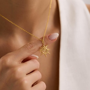 Gold Plated Spiral Sun Necklace, Sunburst Necklace, Summer Jewelry, Celestial Necklace, Pendant Necklace, Christmas Gift,  Everyday Necklace