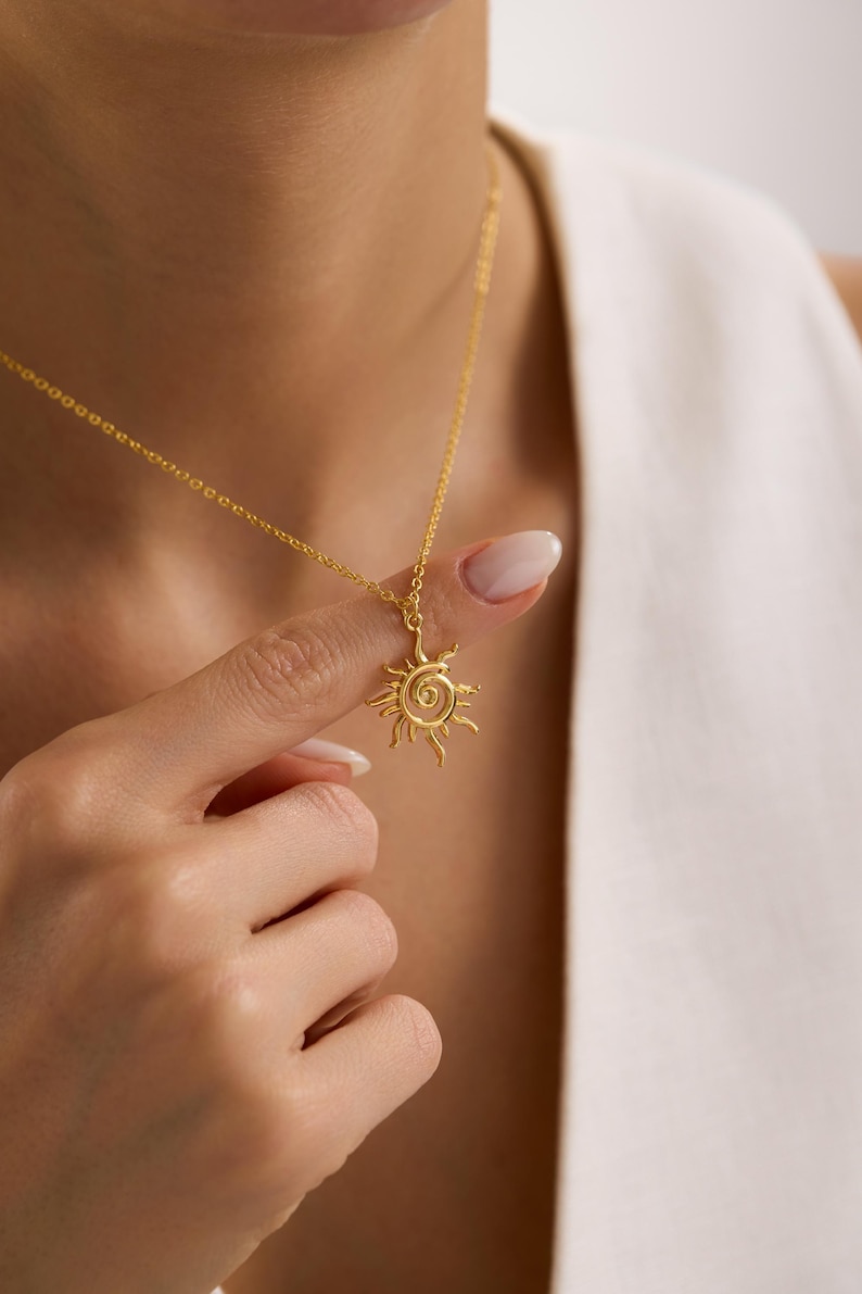 Gold Plated Spiral Sun Necklace, Sunburst Necklace, Summer Jewelry, Celestial Necklace, Pendant Necklace, Christmas Gift,  Everyday Necklace