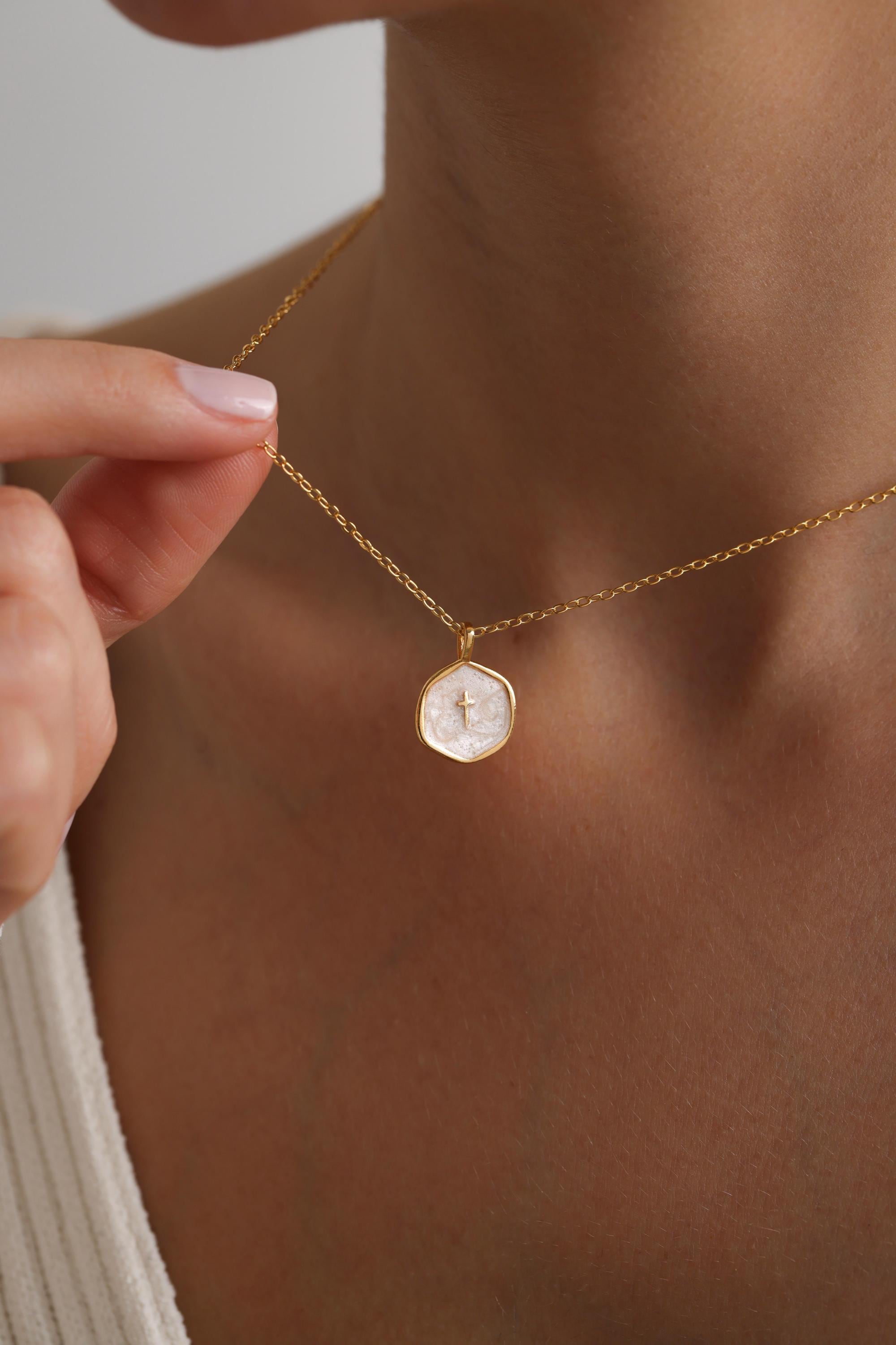 Gold Enamel Mini Cross Necklace, Tiny Cross Necklace, Religious Necklace, Enamel Necklace, Christian Gift for her, Christmas Gift
