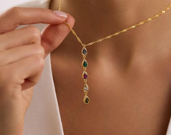 Custom Teardrop Birthstone Necklace, Vertical Birthstone, Multi Stone Necklace, Family Necklace, Grandma Gift, Gift for Mom, Christmas Gift