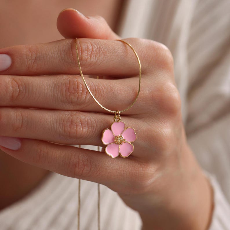 Gold Plated Enamel Sakura Flower Necklace, Flower Necklace, Gold Sakura Flower Necklace, Christmas Gift, Gift for her, Everyday Necklace
