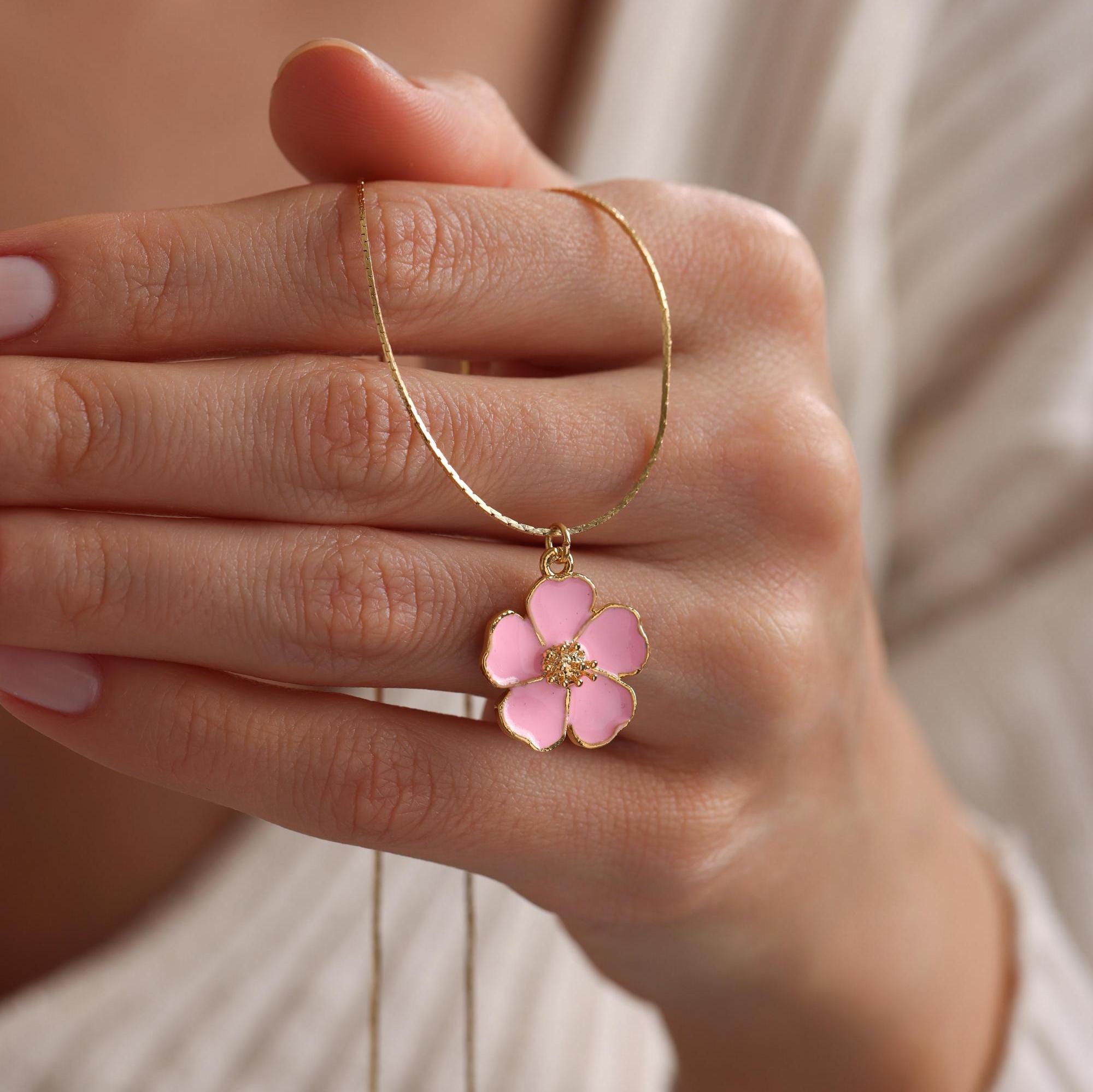 Gold Plated Enamel Sakura Flower Necklace, Flower Necklace, Gold Sakura Flower Necklace, Christmas Gift, Gift for her, Everyday Necklace