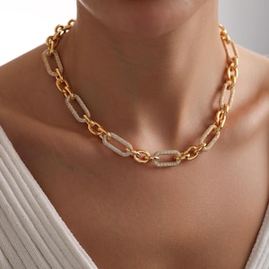Gold Pave Link Chain Necklace, Handmade Unique Linked Necklace, Pave Paperclip Chain, Women Necklace, Gift for her, Christmas Gifts