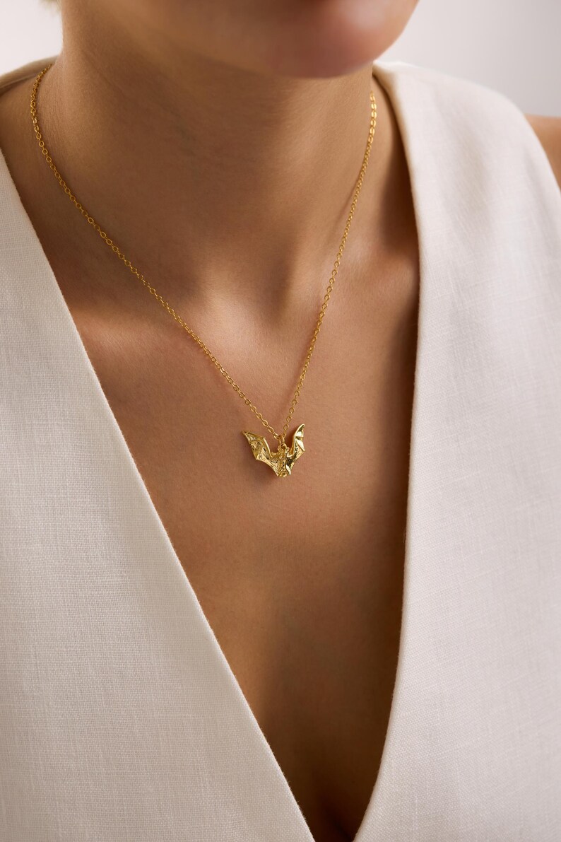 Gold Plated Bat Pendant Necklace, Gothic Necklace, Flying Necklace, Halloween Jewelry, Gift Goth Girl, Bat Halloween Necklace