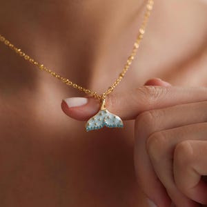 Gold Plated Enamel Whale Tail Pave Necklace, Mermaid Necklace, Beach Necklace, Sea Animal Necklace, Christmas Gift, Gift for her