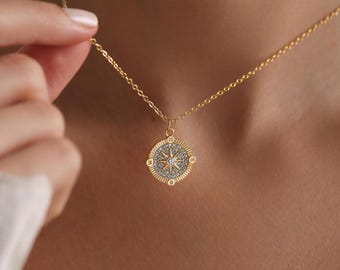 Vergoldete Pave-Kompass-Münzen-Halskette, Nordstern-Kompass-Halskette, Reise-Halskette, Weihnachtsgeschenk, Geschenk für sie, alltägliche Halskette
