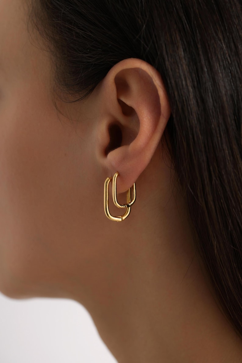 18K Gold Plated Rectangle Hoop Stacking Earrings, set of 1,2 or 3 pairs, Tiny Huggie Hoop Geometric Earrings, Gift for her, Everyday Earring