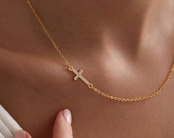 Gold Plated Sideways Tiny Pave Cross Necklace, Dainty Cross Necklace, Religious Necklace, Sideways Necklace, Gift for her, Christmas Gift