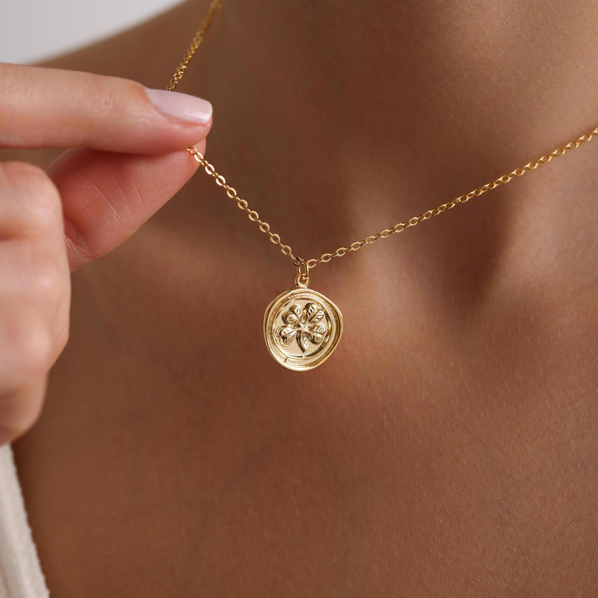 Gold Plated Clover Coin Necklace, Four Leaf Necklace, Gold Clover Necklace, Flower Necklace, Lucky Necklace, EveryDay Necklace, Gift for her