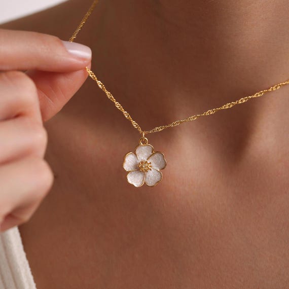 Gold Plated Enamel Sakura Flower Necklace, Flower Necklace, Gold