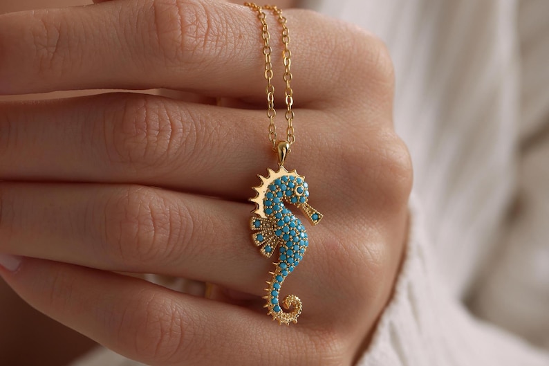 Gold Dainty Sea Horse Pave Necklace, Unique Sea Horse Necklace, Beach Necklace, Ocean Sea Animal Necklace, Christmas Gift, Gift for her