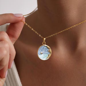 Gold Plated Enamel Moon Face Coin Necklace, Crescent Necklace, Medallion Moon Pendant Necklace, Everyday Necklace, Birthday Gift