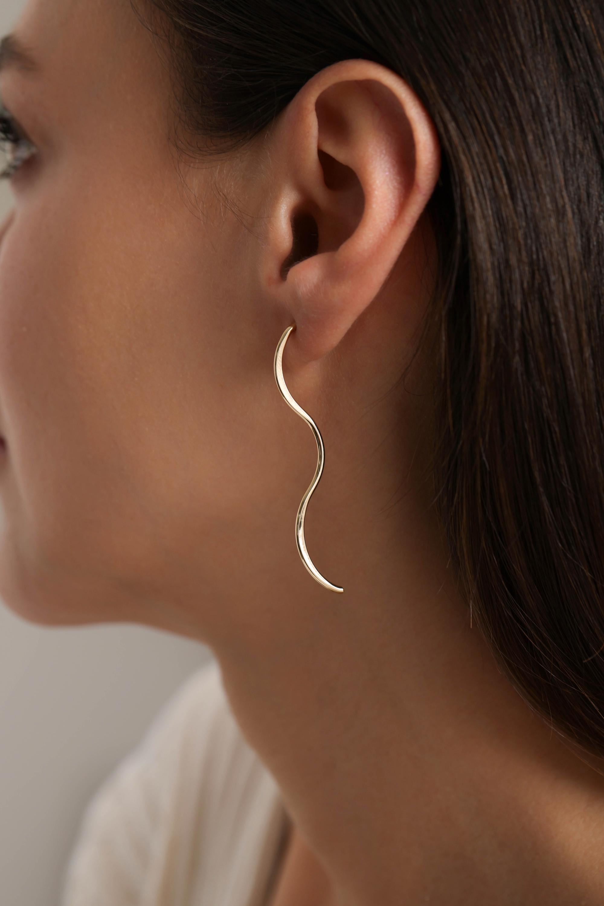 Tiny Wave Stud Earrings, Long Earrings, Line Earrings, Stud
