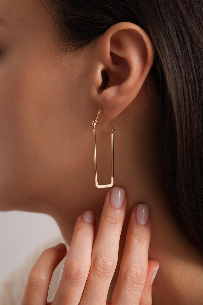 18K Gold Plated Thin Long Rectangle Hoops, Rectangle Earrings, Large Long Hoop Earrings, Geometric Earrings, Gift for her, Everyday Earrings