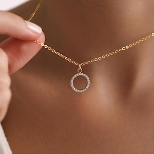 Gold Plated Dainty Circle Pave Necklace, Tiny Circle Necklace, Geometric Necklace, Everyday Jewelry, Gift for her, Christmas Gift