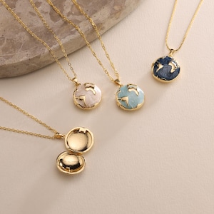 Personalized Enamel World Globe Locket Pendant Necklace, Enamel Color White, Blue, Navy Blue. Chain style cable, twist, snake