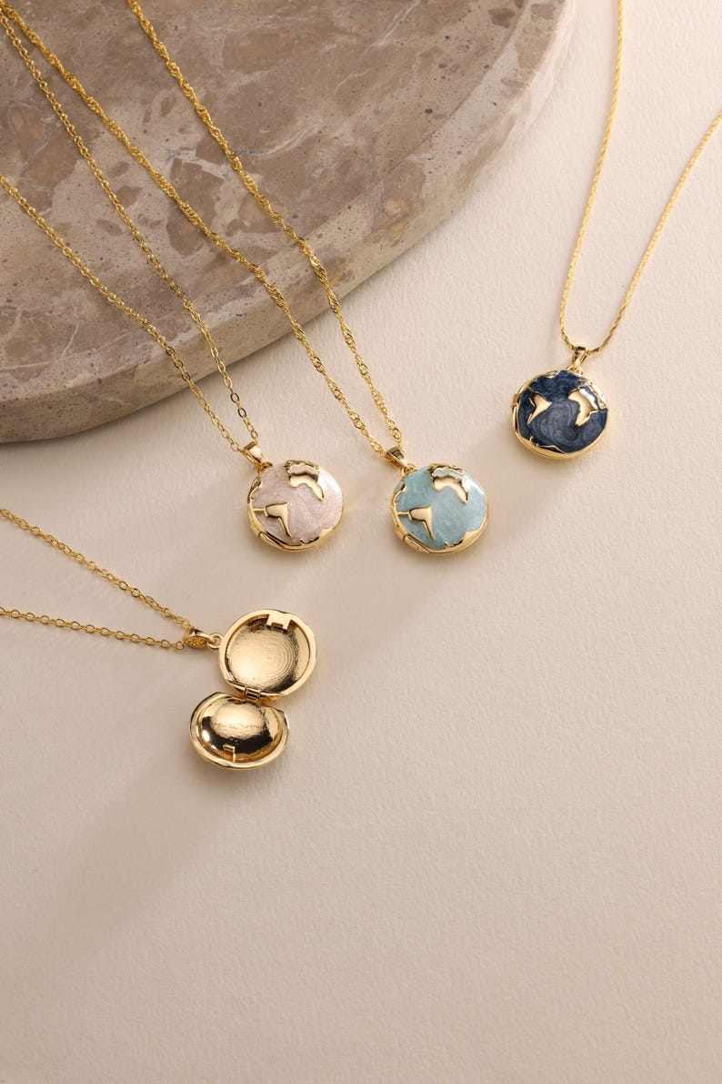 Personalized Enamel World Globe Locket Pendant Necklace, Enamel Color White, Blue, Navy Blue. Chain style cable, twist, snake