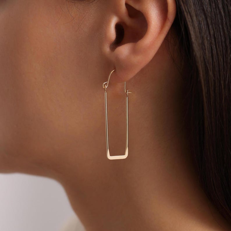 18K Gold Plated Thin Long Rectangle Hoops, Rectangle Earrings, Large Long Hoop Earrings, Geometric Earrings, Gift for her, Everyday Earrings
