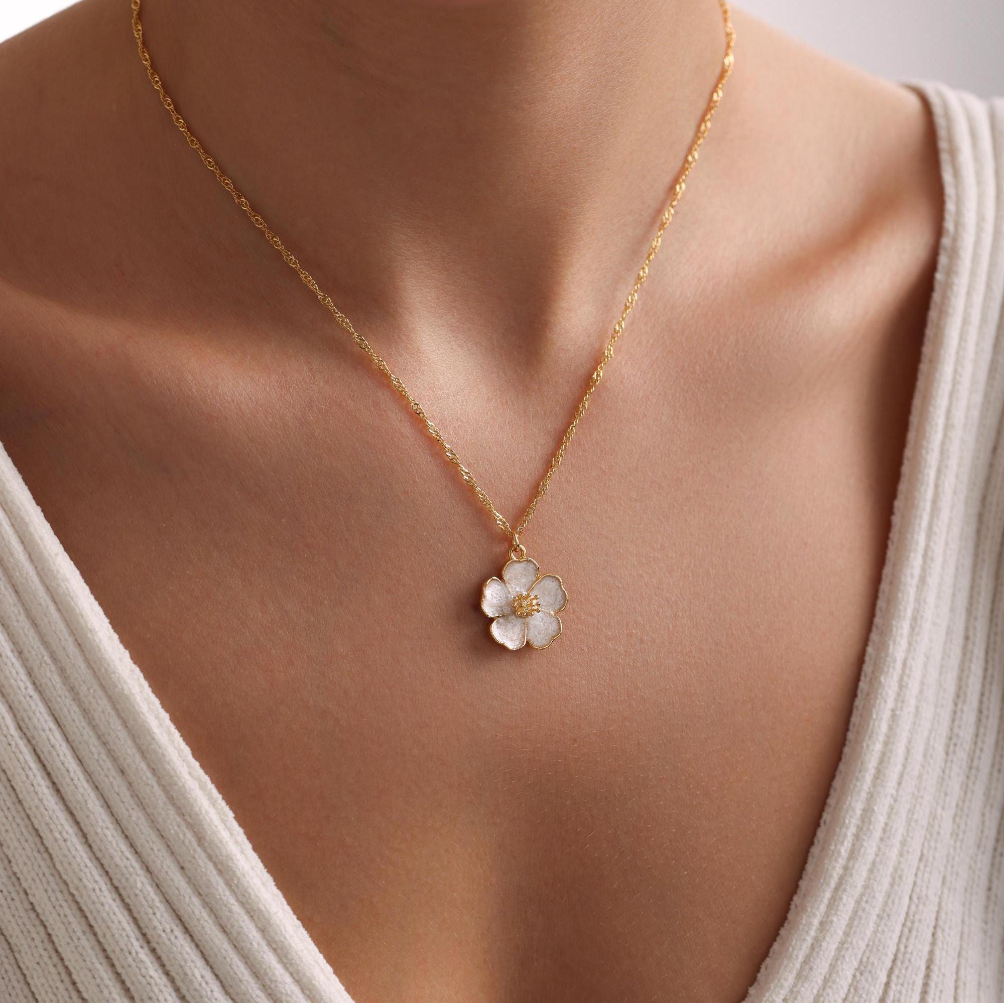 Gold Plated Enamel Sakura Flower Necklace, Flower Necklace, Gold Sakura Flower Necklace, Christmas Gift, Gift for her, Everyday Necklace