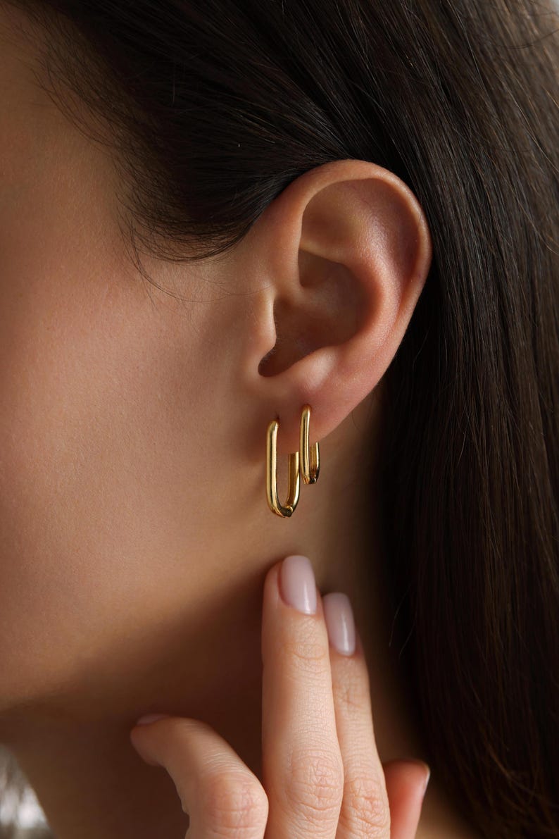 18K Gold Plated Rectangle Hoop Stacking Earrings, set of 1,2 or 3 pairs, Tiny Huggie Hoop Geometric Earrings, Gift for her, Everyday Earring