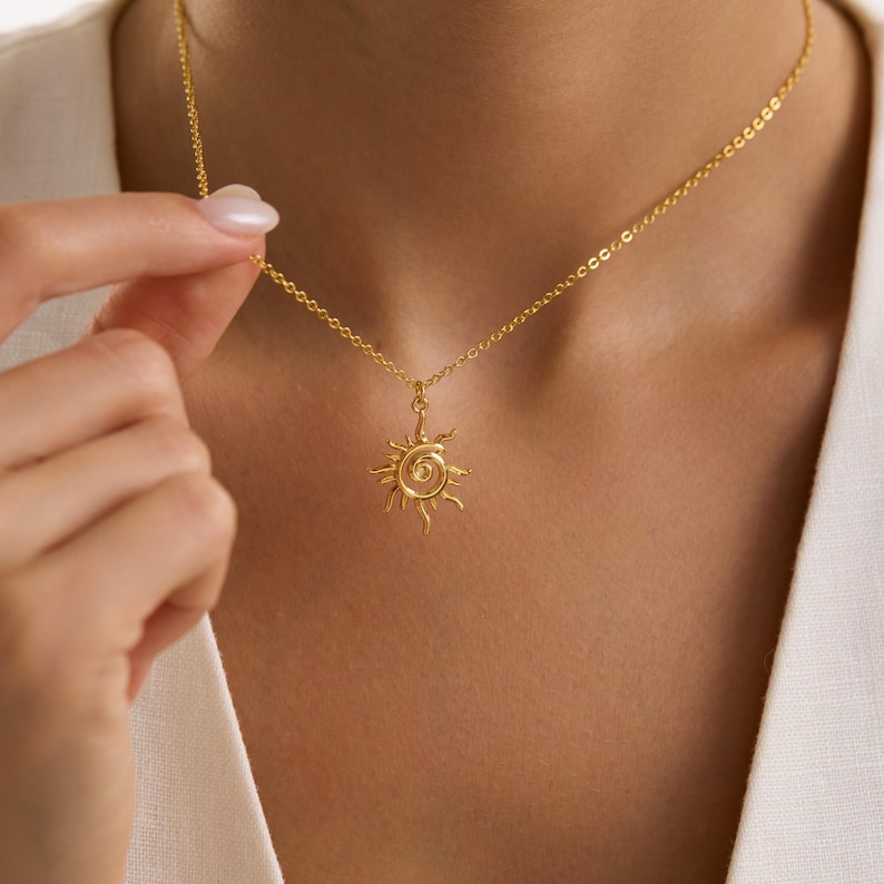 Gold Plated Spiral Sun Necklace, Sunburst Necklace, Summer Jewelry, Celestial Necklace, Pendant Necklace, Christmas Gift,  Everyday Necklace