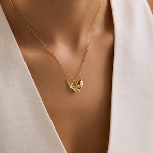 Gold Plated Bat Pendant Necklace, Gothic Necklace, Flying Necklace, Halloween Jewelry, Gift Goth Girl, Bat Halloween Necklace