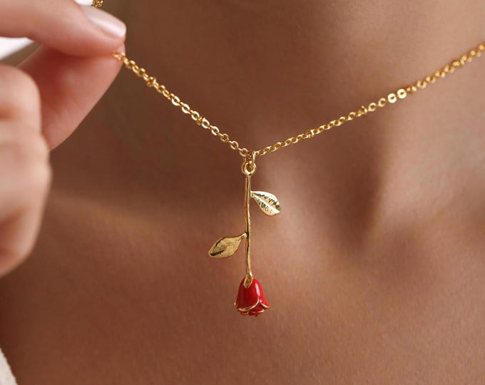 Gold Plated White Red Enamel Rose Flower Necklace, Rose Necklace, Flower Necklace, Gift for her Christmas Gift, Mom Gifts, Everyday Necklace