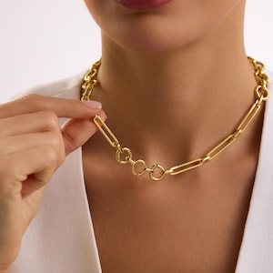 Gold Plated Chunky Chain Necklace, Round Link Chain, Handmade Unique Linked Necklace, Women Necklace, Gift for her, Christmas Gift
