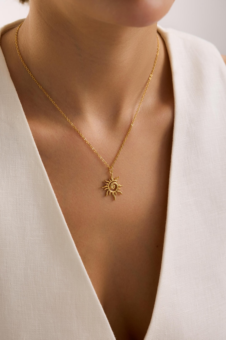 Gold Plated Spiral Sun Necklace, Sunburst Necklace, Summer Jewelry, Celestial Necklace, Pendant Necklace, Christmas Gift,  Everyday Necklace
