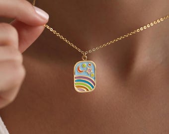 Gold Plated Rainbow Medallion Necklace, Rainbow Celestial Necklace, Colorful Necklace, Everyday Jewelry, Gift for her, Christmas Gift, Gifts