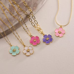Gold Plated Enamel Sakura Flower Necklace, Flower Necklace, Gold Sakura Flower Necklace, Christmas Gift, Gift for her, Everyday Necklace