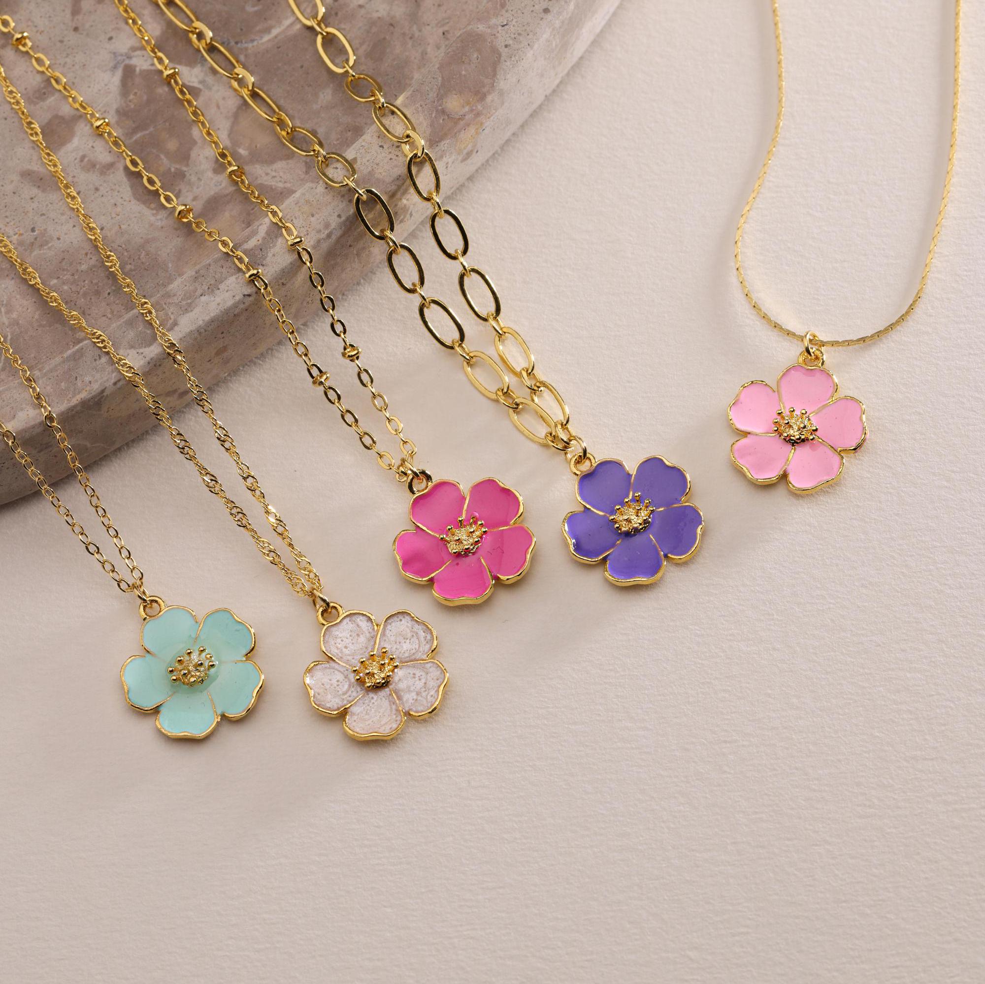 Gold Plated Enamel Sakura Flower Necklace, Flower Necklace, Gold Sakura Flower Necklace, Christmas Gift, Gift for her, Everyday Necklace