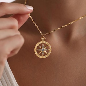 Gold Plated Coin Compass Pave Necklace, Compass Pendant Necklace, North Star Compas Necklace, Travel Lovers Gift, Gift for her, Everyday
