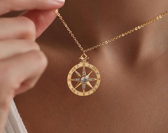 Gold Plated Coin Compass Pave Necklace, Compass Pendant Necklace, North Star Compas Necklace, Travel Lovers Gift, Gift for her, Everyday