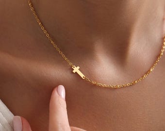 Gold Plated Sideways Tiny Cross Necklace, Minimalist Cross Necklace, Religious Necklace, Sideways Necklace, Gift for her, Christmas Gift