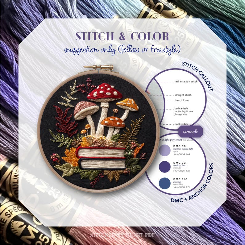 May include: An embroidery hoop with a mushroom design in red, orange, and beige, on a black background. The text reads "STITCH & COLOR" and "suggestion only". Includes a stitch callout and colour chart. The design is on a wooden hoop.