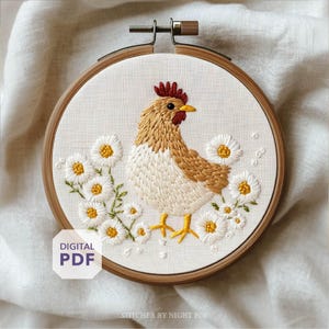 floral chicken embroidery design • daisy hen ornament • Farmhouse Kitchen Decor • Countryside Hoop Art • Rustic Cottage Gift
