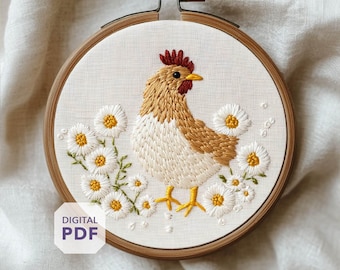 Diseño de bordado floral de pollo • Adorno de gallina con margaritas • Decoración de cocina de granja • Arte de aro campestre • Regalo de cabaña rústica