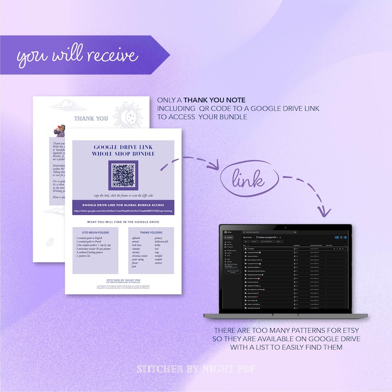 May include: A digital download bundle graphic with a purple and white theme. The image includes a thank you note, a QR code, and a laptop displaying a list of patterns. Text includes "Google Drive Link" and "Stitcher by Night PDF."