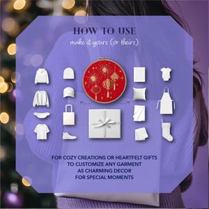 Puede incluir: Imagen con el texto &laquo;C&Oacute;MO USAR&raquo; y &laquo;hazlo tuyo (o de ellos)&raquo;. La imagen muestra varias prendas y accesorios blancos, incluyendo una sudadera con capucha, gorro, camiseta y bolso de mano. Tambi&eacute;n se presenta un bastidor de bordado rojo con detalles dorados.