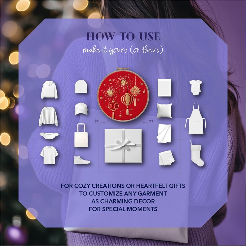 Puede incluir: Imagen con el texto &laquo;C&Oacute;MO USAR&raquo; y &laquo;hazlo tuyo (o de ellos)&raquo;. La imagen muestra varias prendas y accesorios blancos, incluyendo una sudadera con capucha, gorro, camiseta y bolso de mano. Tambi&eacute;n se presenta un bastidor de bordado rojo con detalles dorados.