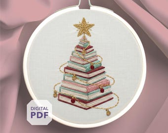 book christmas tree embroidery design PDF • Holiday Library Decor • Librarian Xmas Gift • Bookworm Winter Hoop Art • Festive Hand Stitching