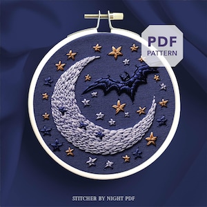 bats and moon embroidery design * halloween hoop embroidery * spooky night decor * mystic moonlight gift * easy hand embroidery pattern PDF
