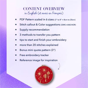 Puede incluir: Un gr&aacute;fico morado y blanco con el texto "CONTENT OVERVIEW in English (et aussi en Fran&ccedil;ais)". El texto enumera las caracter&iacute;sticas de un patr&oacute;n de bordado, incluidas las opciones de tama&ntilde;o de 8 cm a 20 cm (3" a 8"), sugerencias de puntadas y un patr&oacute;n de mini citas de bonificaci&oacute;n.
