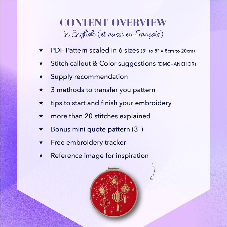 Puede incluir: Un gr&aacute;fico morado y blanco con el texto "CONTENT OVERVIEW in English (et aussi en Fran&ccedil;ais)". El texto enumera las caracter&iacute;sticas de un patr&oacute;n de bordado, incluidas las opciones de tama&ntilde;o de 8 cm a 20 cm (3" a 8"), sugerencias de puntadas y un patr&oacute;n de mini citas de bonificaci&oacute;n.